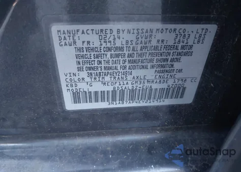 2014 Nissan Sentra Fe+ S/Fe+ Sv/S/Sl/Sr/Sv z USA, uszkodzony, nr VIN 3N1AB7AP4EY214914